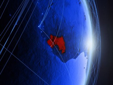 Gine mavi dijital Planet Earth ile ağ. Bağlantı, seyahat ve iletişim kavramı. 3D çizim. Nasa tarafından döşenmiş bu görüntü unsurları.