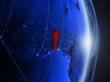 Benin mavi dijital Planet Earth ile ağ. Bağlantı, seyahat ve iletişim kavramı. 3D çizim. Nasa tarafından döşenmiş bu görüntü unsurları.