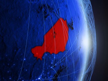 Nijer mavi dijital Planet Earth ile ağ. Bağlantı, seyahat ve iletişim kavramı. 3D çizim. Nasa tarafından döşenmiş bu görüntü unsurları.