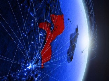 Mozambik mavi dijital Planet Earth ile ağ. Bağlantı, seyahat ve iletişim kavramı. 3D çizim. Nasa tarafından döşenmiş bu görüntü unsurları.