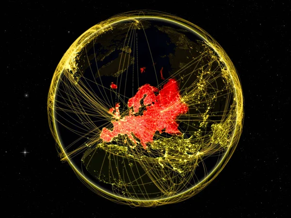 Europe on dark Earth with networks. May be representing air traffic, telecommunications or other communication network. 3D illustration. Elements of this image furnished by NASA.