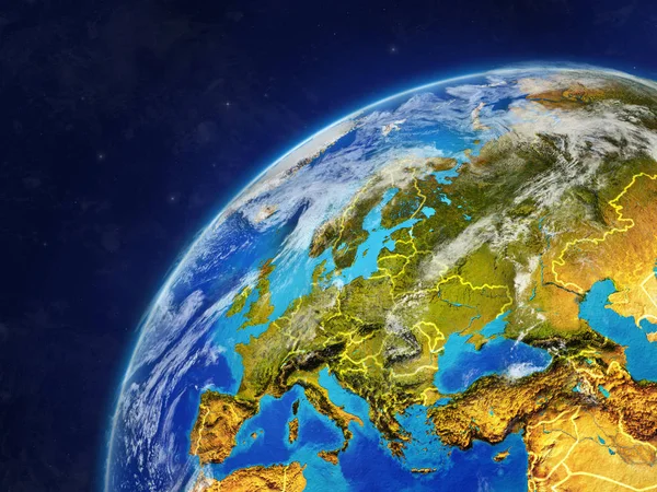 Europe on model of planet Earth with country borders and very detailed planet surface and clouds. 3D illustration. Elements of this image furnished by NASA.