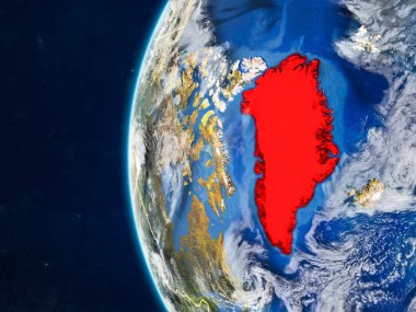 Grönland modeli bir ülke sınırları ve çok detaylı gezegenin yüzey ve bulutlar Dünya gezegeni uzaydan. 3D çizim. Nasa tarafından döşenmiş bu görüntü unsurları.