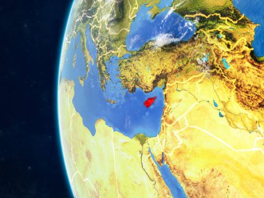 Kıbrıs modeli bir ülke sınırları ve çok detaylı gezegenin yüzey ve bulutlar Dünya gezegeni uzaydan. 3D çizim. Nasa tarafından döşenmiş bu görüntü unsurları.
