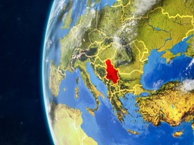 Sırbistan modeli bir ülke sınırları ve çok detaylı gezegenin yüzey ve bulutlar Dünya gezegeni uzaydan. 3D çizim. Nasa tarafından döşenmiş bu görüntü unsurları.