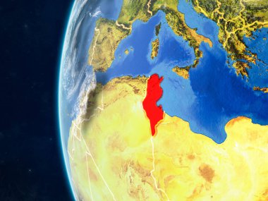 Tunus modeli bir ülke sınırları ve çok detaylı gezegenin yüzey ve bulutlar Dünya gezegeni uzaydan. 3D çizim. Nasa tarafından döşenmiş bu görüntü unsurları.