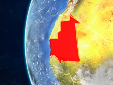 Moritanya modeli bir ülke sınırları ve çok detaylı gezegenin yüzey ve bulutlar Dünya gezegeni uzaydan. 3D çizim. Nasa tarafından döşenmiş bu görüntü unsurları.