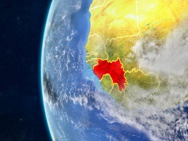 Gine modeli bir ülke sınırları ve çok detaylı gezegenin yüzey ve bulutlar Dünya gezegeni uzaydan. 3D çizim. Nasa tarafından döşenmiş bu görüntü unsurları.