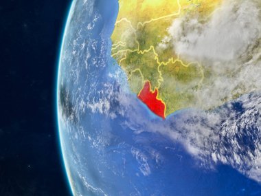 Liberya modeli bir ülke sınırları ve çok detaylı gezegenin yüzey ve bulutlar Dünya gezegeni uzaydan. 3D çizim. Nasa tarafından döşenmiş bu görüntü unsurları.