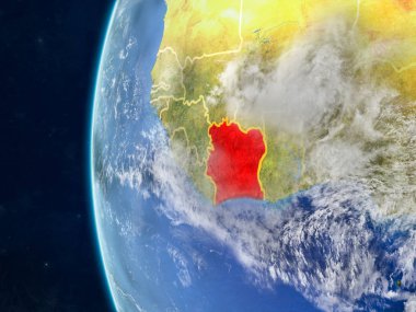 Fildişi Sahili modeli bir ülke sınırları ve çok detaylı gezegenin yüzey ve bulutlar Dünya gezegeni uzaydan. 3D çizim. Nasa tarafından döşenmiş bu görüntü unsurları.