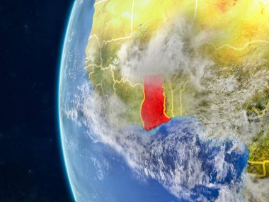 Gana modeli bir ülke sınırları ve çok detaylı gezegenin yüzey ve bulutlar Dünya gezegeni uzaydan. 3D çizim. Nasa tarafından döşenmiş bu görüntü unsurları.