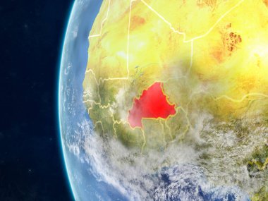 Burkina Faso modeli bir ülke sınırları ve çok detaylı gezegenin yüzey ve bulutlar Dünya gezegeni uzaydan. 3D çizim. Nasa tarafından döşenmiş bu görüntü unsurları.