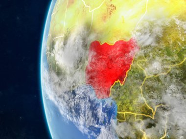 Nijerya modeli bir ülke sınırları ve çok detaylı gezegenin yüzey ve bulutlar Dünya gezegeni uzaydan. 3D çizim. Nasa tarafından döşenmiş bu görüntü unsurları.