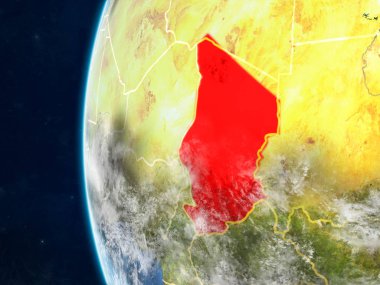 Chad modeli bir ülke sınırları ve çok detaylı gezegenin yüzey ve bulutlar Dünya gezegeni uzaydan. 3D çizim. Nasa tarafından döşenmiş bu görüntü unsurları.
