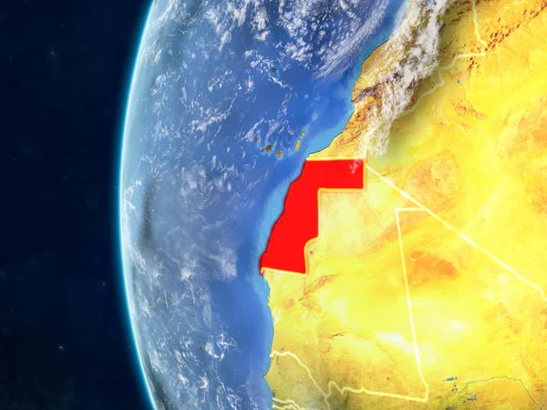 Western Sahara from space on model of planet Earth with country borders and very detailed planet surface and clouds. 3D illustration. Elements of this image furnished by NASA.