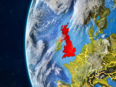 Modeli bir ülke sınırları ve çok detaylı gezegenin yüzey ve bulutlar Dünya gezegeni uzaydan İngiltere. 3D çizim. Nasa tarafından döşenmiş bu görüntü unsurları.