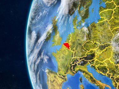 Belçika modeli bir ülke sınırları ve çok detaylı gezegenin yüzey ve bulutlar Dünya gezegeni uzaydan. 3D çizim. Nasa tarafından döşenmiş bu görüntü unsurları.