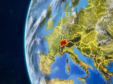 İsviçre modeli bir ülke sınırları ve çok detaylı gezegenin yüzey ve bulutlar Dünya gezegeni uzaydan. 3D çizim. Nasa tarafından döşenmiş bu görüntü unsurları.