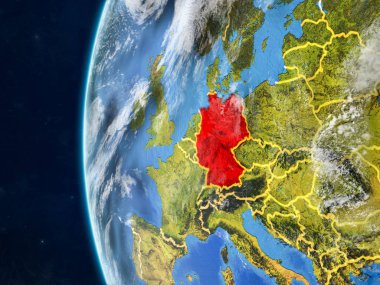 Almanya modeli bir ülke sınırları ve çok detaylı gezegenin yüzey ve bulutlar Dünya gezegeni uzaydan. 3D çizim. Nasa tarafından döşenmiş bu görüntü unsurları.