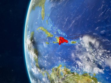 Dominik Cumhuriyeti modeli bir ülke sınırları ve çok detaylı gezegenin yüzey ve bulutlar Dünya gezegeni uzaydan. 3D çizim. Nasa tarafından döşenmiş bu görüntü unsurları.