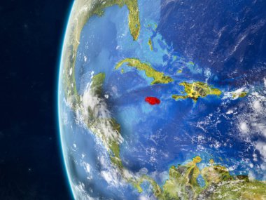 Jamaika modeli bir ülke sınırları ve çok detaylı gezegenin yüzey ve bulutlar Dünya gezegeni uzaydan. 3D çizim. Nasa tarafından döşenmiş bu görüntü unsurları.