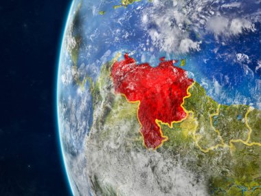Venezuela modeli bir ülke sınırları ve çok detaylı gezegenin yüzey ve bulutlar Dünya gezegeni uzaydan. 3D çizim. Nasa tarafından döşenmiş bu görüntü unsurları.