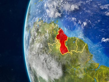 Guyana modeli bir ülke sınırları ve çok detaylı gezegenin yüzey ve bulutlar Dünya gezegeni uzaydan. 3D çizim. Nasa tarafından döşenmiş bu görüntü unsurları.