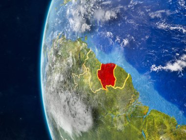 Surinam modeli bir ülke sınırları ve çok detaylı gezegenin yüzey ve bulutlar Dünya gezegeni uzaydan. 3D çizim. Nasa tarafından döşenmiş bu görüntü unsurları.