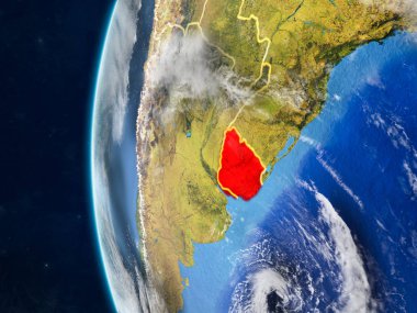 Uruguay modeli bir ülke sınırları ve çok detaylı gezegenin yüzey ve bulutlar Dünya gezegeni uzaydan. 3D çizim. Nasa tarafından döşenmiş bu görüntü unsurları.