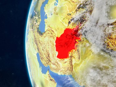 Afganistan modeli bir ülke sınırları ve çok detaylı gezegenin yüzey ve bulutlar Dünya gezegeni uzaydan. 3D çizim. Nasa tarafından döşenmiş bu görüntü unsurları.