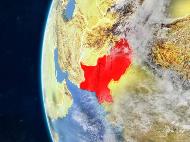 Pakistan modeli bir ülke sınırları ve çok detaylı gezegenin yüzey ve bulutlar Dünya gezegeni uzaydan. 3D çizim. Nasa tarafından döşenmiş bu görüntü unsurları.