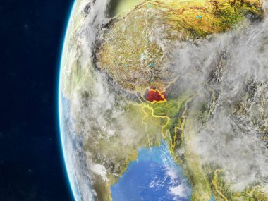 Bhutan modeli bir ülke sınırları ve çok detaylı gezegenin yüzey ve bulutlar Dünya gezegeni uzaydan. 3D çizim. Nasa tarafından döşenmiş bu görüntü unsurları.