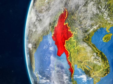 Myanmar modeli bir ülke sınırları ve çok detaylı gezegenin yüzey ve bulutlar Dünya gezegeni uzaydan. 3D çizim. Nasa tarafından döşenmiş bu görüntü unsurları.