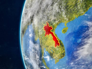 Laos modeli bir ülke sınırları ve çok detaylı gezegenin yüzey ve bulutlar Dünya gezegeni uzaydan. 3D çizim. Nasa tarafından döşenmiş bu görüntü unsurları.