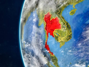 Tayland modeli bir ülke sınırları ve çok detaylı gezegenin yüzey ve bulutlar Dünya gezegeni uzaydan. 3D çizim. Nasa tarafından döşenmiş bu görüntü unsurları.