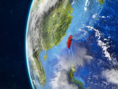 Tayvan modeli bir ülke sınırları ve çok detaylı gezegenin yüzey ve bulutlar Dünya gezegeni uzaydan. 3D çizim. Nasa tarafından döşenmiş bu görüntü unsurları.