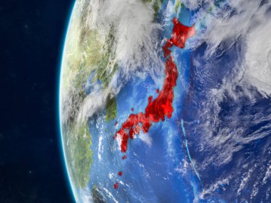 Modeli bir ülke sınırları ve çok detaylı gezegenin yüzey ve bulutlar Dünya gezegeni uzaydan Japonya. 3D çizim. Nasa tarafından döşenmiş bu görüntü unsurları.