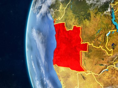 Angola modeli bir ülke sınırları ve çok detaylı gezegenin yüzey ve bulutlar Dünya gezegeni uzaydan. 3D çizim. Nasa tarafından döşenmiş bu görüntü unsurları.