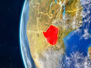 Zimbabve modeli bir ülke sınırları ve çok detaylı gezegenin yüzey ve bulutlar Dünya gezegeni uzaydan. 3D çizim. Nasa tarafından döşenmiş bu görüntü unsurları.