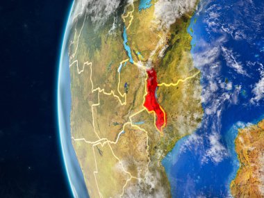 Malavi modeli bir ülke sınırları ve çok detaylı gezegenin yüzey ve bulutlar Dünya gezegeni uzaydan. 3D çizim. Nasa tarafından döşenmiş bu görüntü unsurları.