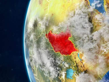 Güney Sudan modeli bir ülke sınırları ve çok detaylı gezegenin yüzey ve bulutlar Dünya gezegeni uzaydan. 3D çizim. Nasa tarafından döşenmiş bu görüntü unsurları.