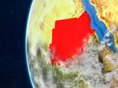 Sudan modeli bir ülke sınırları ve çok detaylı gezegenin yüzey ve bulutlar Dünya gezegeni uzaydan. 3D çizim. Nasa tarafından döşenmiş bu görüntü unsurları.