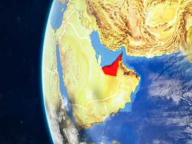Birleşik Arap Emirlikleri modeli bir ülke sınırları ve çok detaylı gezegenin yüzey ve bulutlar Dünya gezegeni uzaydan. 3D çizim. Nasa tarafından döşenmiş bu görüntü unsurları.
