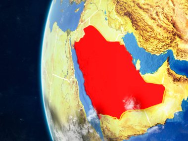 Suudi Arabistan modeli bir ülke sınırları ve çok detaylı gezegenin yüzey ve bulutlar Dünya gezegeni uzaydan. 3D çizim. Nasa tarafından döşenmiş bu görüntü unsurları.