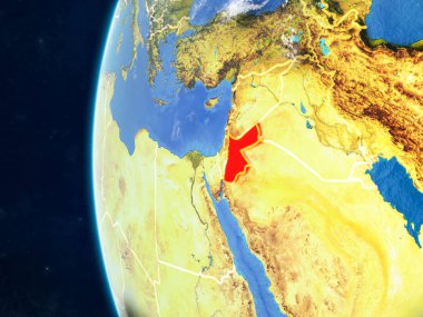 Jordan modeli bir ülke sınırları ve çok detaylı gezegenin yüzey ve bulutlar Dünya gezegeni uzaydan. 3D çizim. Nasa tarafından döşenmiş bu görüntü unsurları.