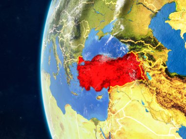 Türkiye modeli bir ülke sınırları ve çok detaylı gezegenin yüzey ve bulutlar Dünya gezegeni uzaydan. 3D çizim. Nasa tarafından döşenmiş bu görüntü unsurları.