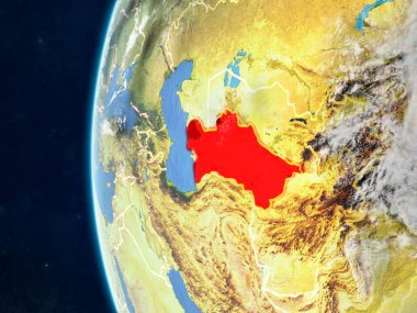 Türkmenistan modeli bir ülke sınırları ve çok detaylı gezegenin yüzey ve bulutlar Dünya gezegeni uzaydan. 3D çizim. Nasa tarafından döşenmiş bu görüntü unsurları.