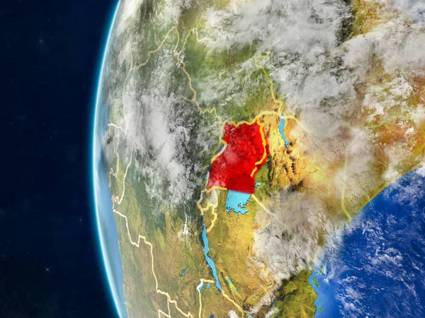 Uganda modeli bir ülke sınırları ve çok detaylı gezegenin yüzey ve bulutlar Dünya gezegeni uzaydan. 3D çizim. Nasa tarafından döşenmiş bu görüntü unsurları.