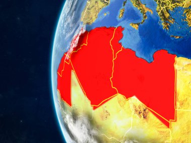 Mağrip bölge modeli ile ülke sınırları ve çok detaylı gezegenin yüzeyi ve bulutlar Dünya gezegeninin bir alan seçin. 3D çizim. Nasa tarafından döşenmiş bu görüntü unsurları.