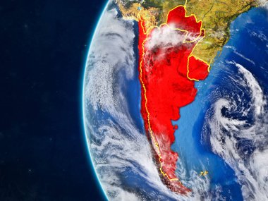 Southern Cone modeli bir ülke sınırları ve çok detaylı gezegenin yüzey ve bulutlar Dünya gezegeni uzaydan. 3D çizim. Nasa tarafından döşenmiş bu görüntü unsurları.